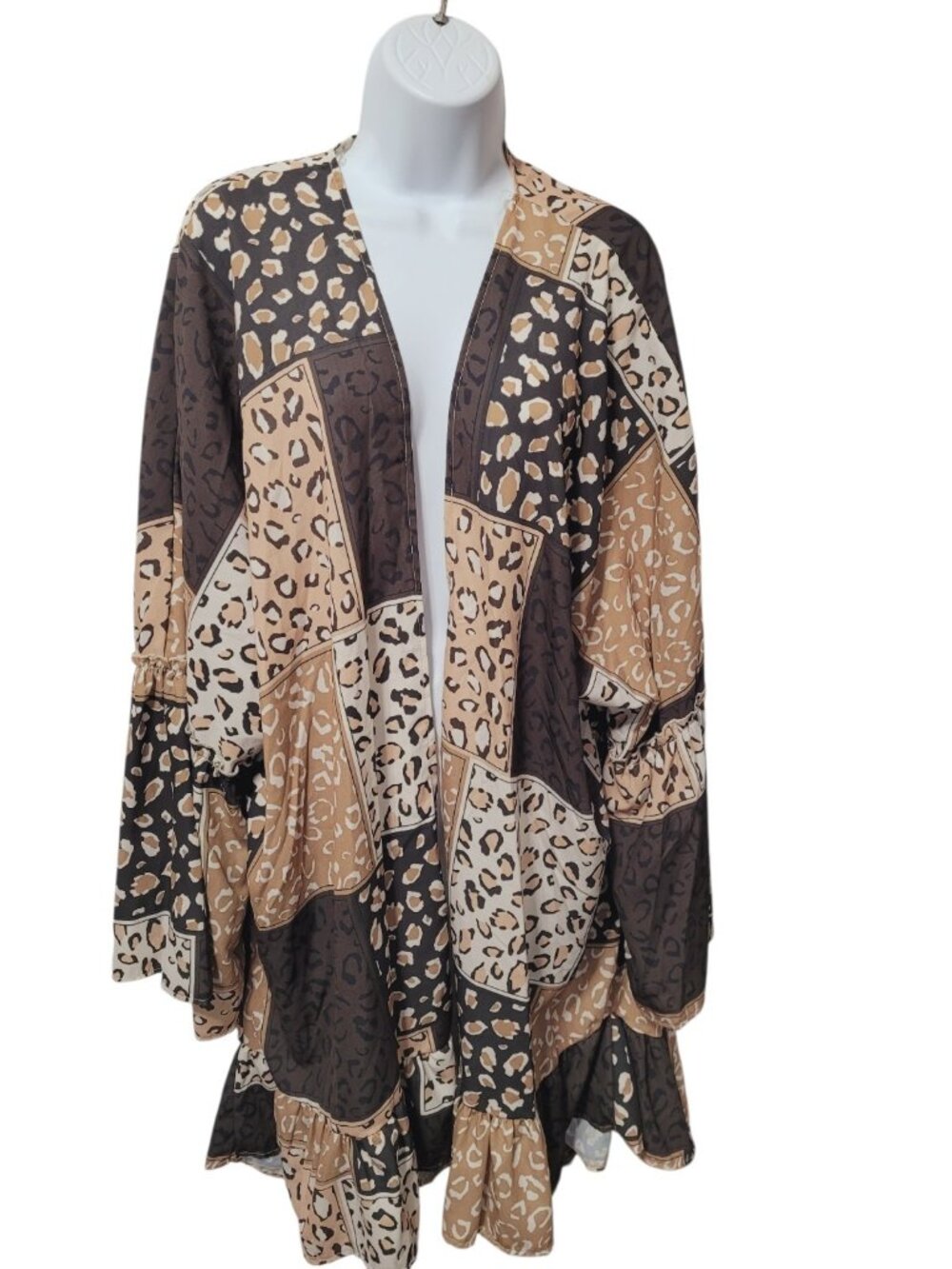 Animal Leopard Print Patchwork‎ Duster Cardigan 3X Ruffle Bottom Open Front Knee